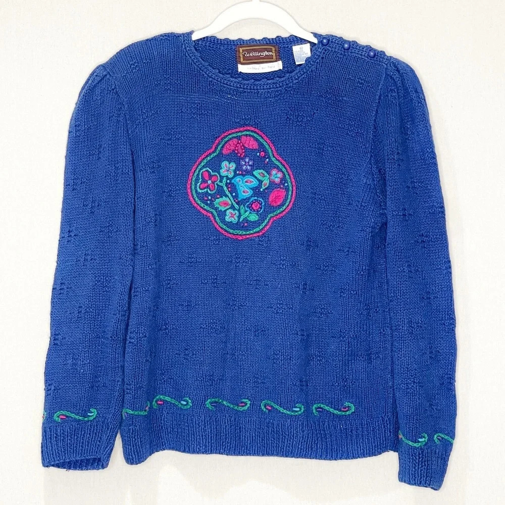 Wellington Long Sleeve Mandala Boho Embroidered Floral Hand Knit Women's Sweater